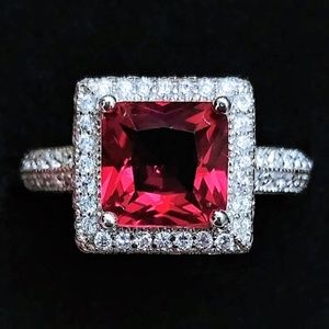 3CT Ruby & White Topaz 925 Sterling Ring Sz 7